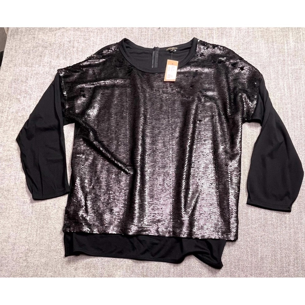 Alberto Makali Sequin Blouse Top Womens XL Black Long Sleeve Party Back Zip NEW